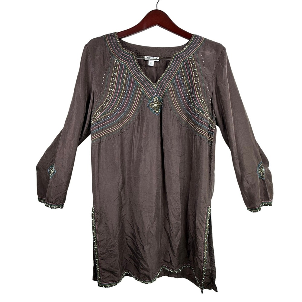 Coldwater Creek Brown 100% Silk Beaded Embroidered Tunic Top Womens Large Boho - Picture 2 of 10